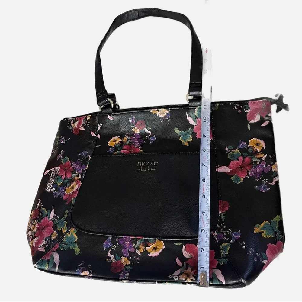 Nicole by Nicole Miller black flower satchel tote bag faux leather gold accents - Picture 3 of 8